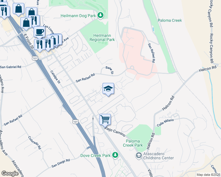 map of restaurants, bars, coffee shops, grocery stores, and more near 801 Buena Fortuna Circle in Atascadero