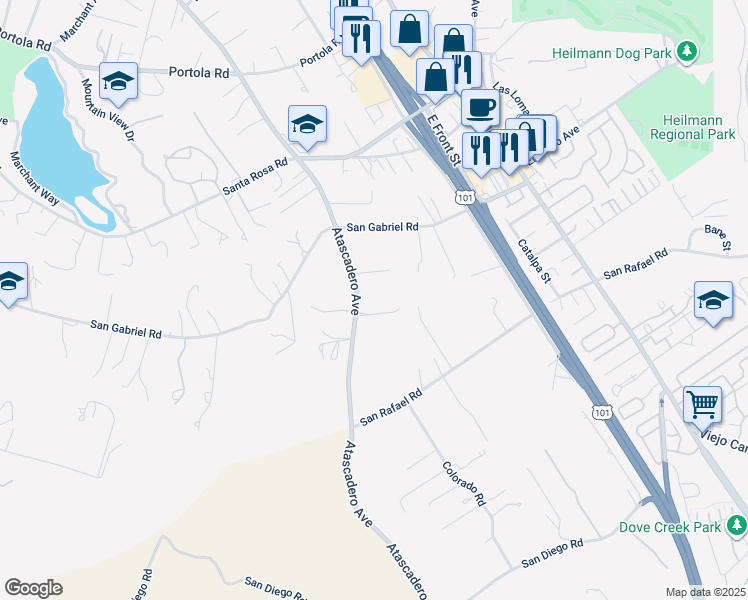 map of restaurants, bars, coffee shops, grocery stores, and more near 10085 Atascadero Avenue in Atascadero