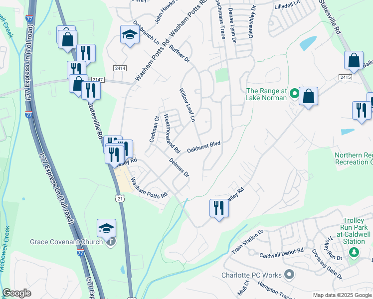 map of restaurants, bars, coffee shops, grocery stores, and more near 18801 Oakhurst Boulevard in Cornelius
