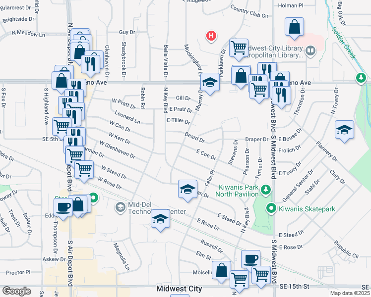 map of restaurants, bars, coffee shops, grocery stores, and more near 204 East Coe Drive in Midwest City