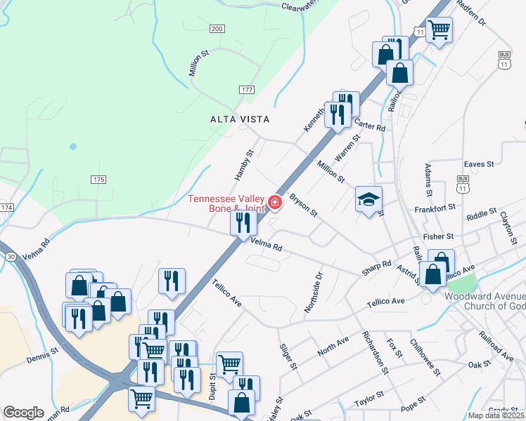 map of restaurants, bars, coffee shops, grocery stores, and more near 734 Highway 2 in Athens