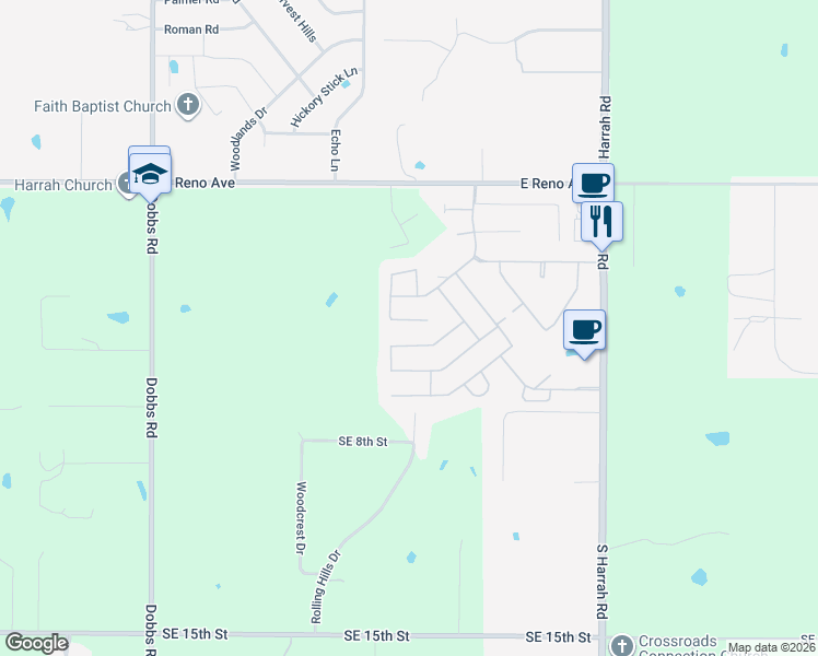 map of restaurants, bars, coffee shops, grocery stores, and more near 20543 Pioneer Drive in Harrah
