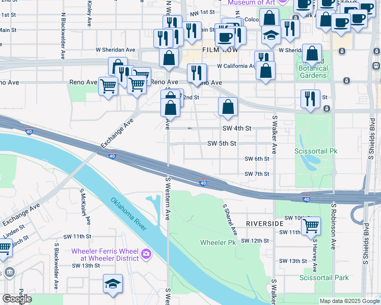 map of restaurants, bars, coffee shops, grocery stores, and more near 920 Southwest 5th Street in Oklahoma City