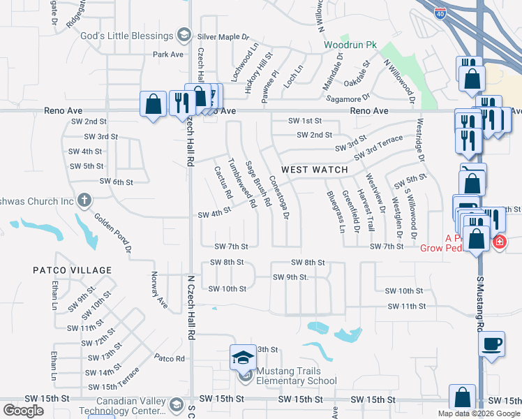 map of restaurants, bars, coffee shops, grocery stores, and more near 500 Tumbleweed Road in Yukon