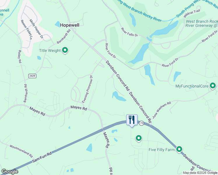 map of restaurants, bars, coffee shops, grocery stores, and more near 18310 Pages End in Davidson