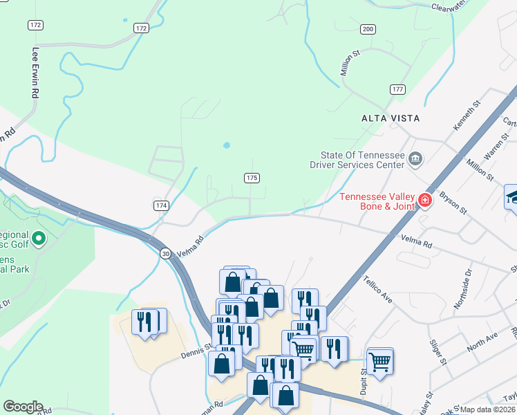 map of restaurants, bars, coffee shops, grocery stores, and more near 114 County Road 175 in Athens