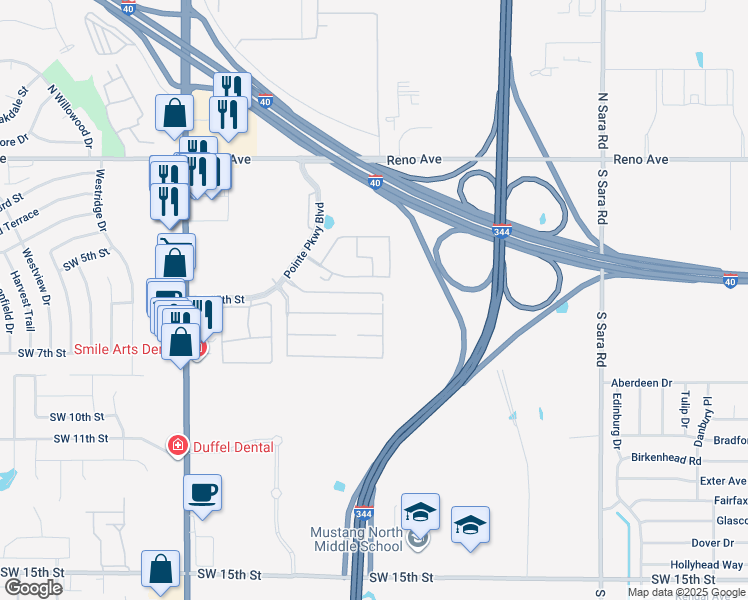 map of restaurants, bars, coffee shops, grocery stores, and more near 500 Pointe Parkway Boulevard in Yukon