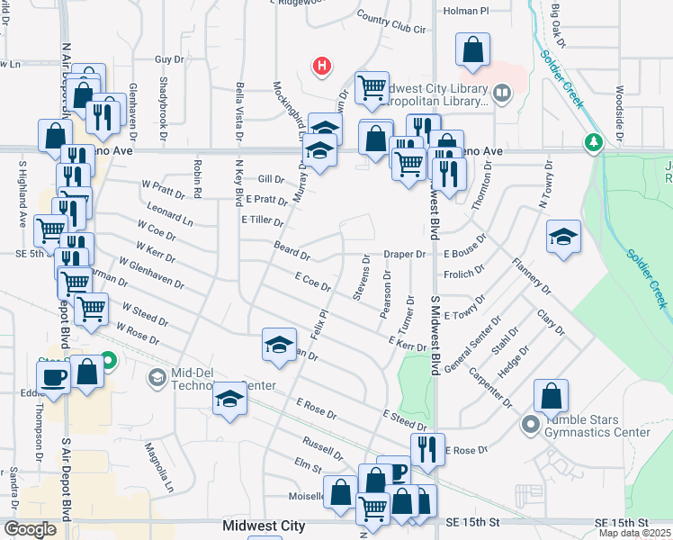 map of restaurants, bars, coffee shops, grocery stores, and more near 2119 Felix Place in Midwest City