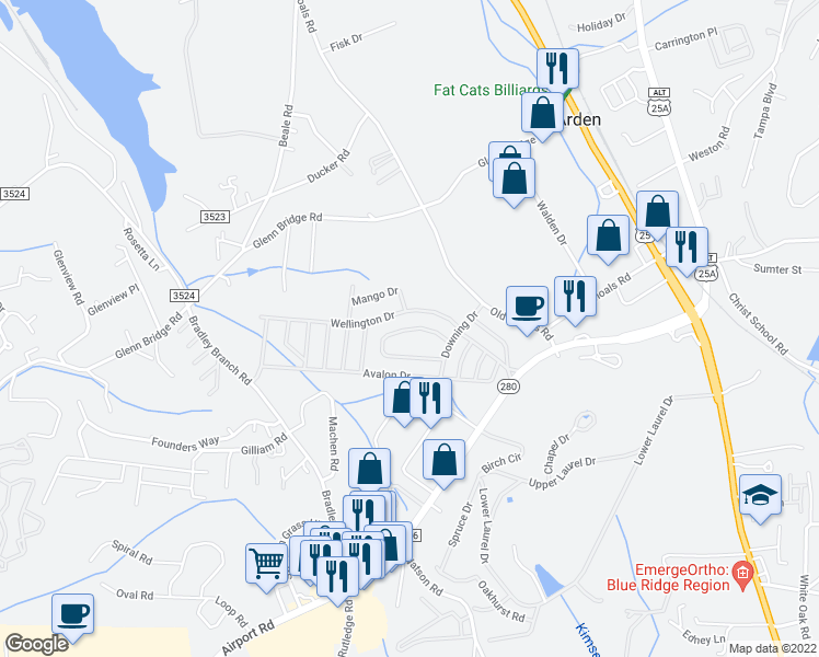 map of restaurants, bars, coffee shops, grocery stores, and more near Edgewood Drive in Arden