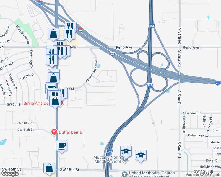 map of restaurants, bars, coffee shops, grocery stores, and more near 11010 Southwest 5th Street in Yukon