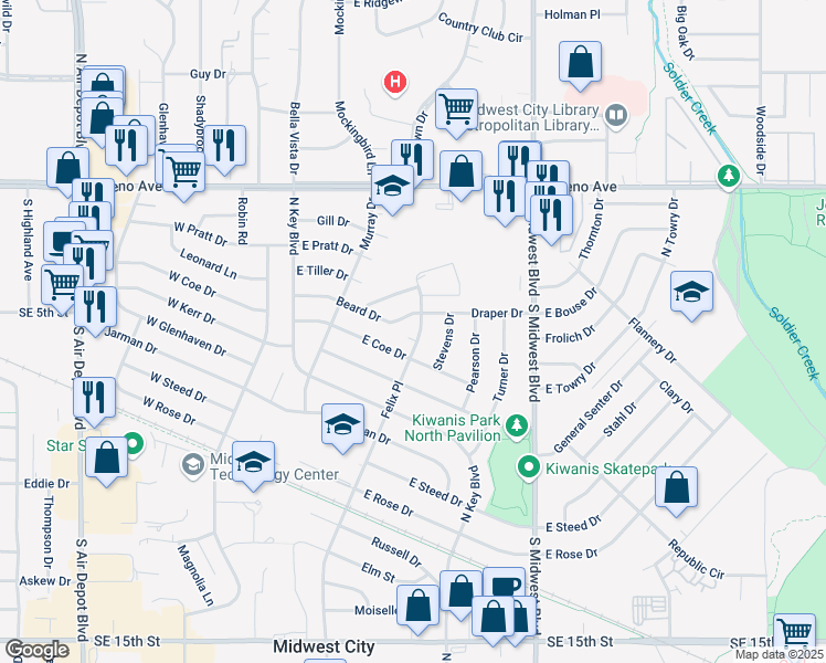 map of restaurants, bars, coffee shops, grocery stores, and more near 249 Beard Drive in Midwest City