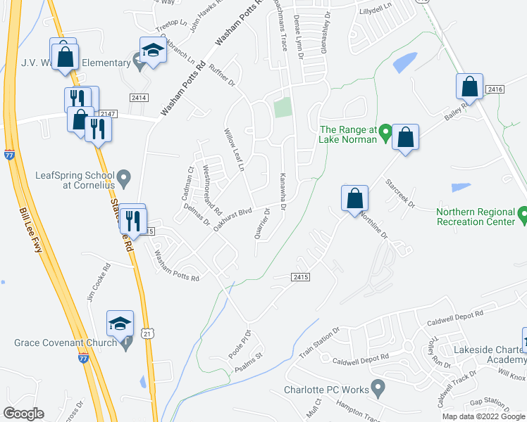 map of restaurants, bars, coffee shops, grocery stores, and more near 10502 Quarrier Drive in Cornelius