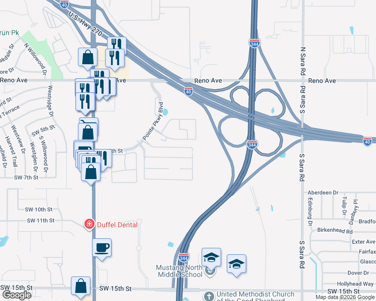map of restaurants, bars, coffee shops, grocery stores, and more near 500 Pointe Parkway Boulevard in Yukon