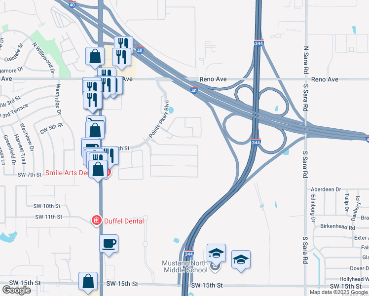 map of restaurants, bars, coffee shops, grocery stores, and more near 11023 Southwest 5th Street in Yukon