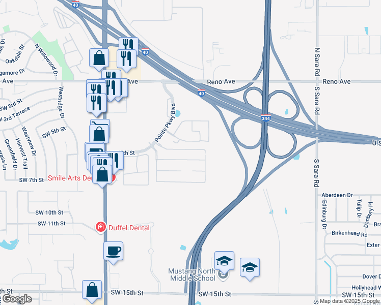 map of restaurants, bars, coffee shops, grocery stores, and more near 11022 Southwest 5th Street in Yukon