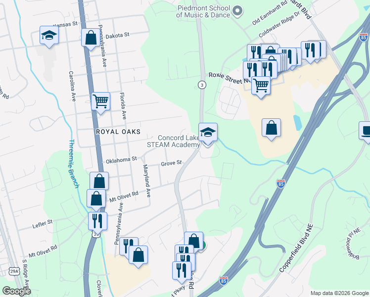 map of restaurants, bars, coffee shops, grocery stores, and more near 2637 White Oak Lane in Kannapolis