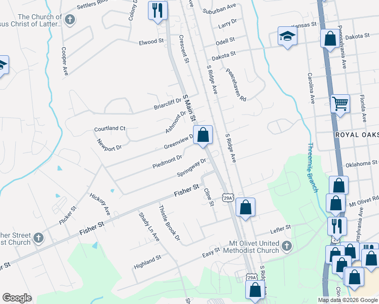 map of restaurants, bars, coffee shops, grocery stores, and more near 108 Piedmont Drive in Kannapolis