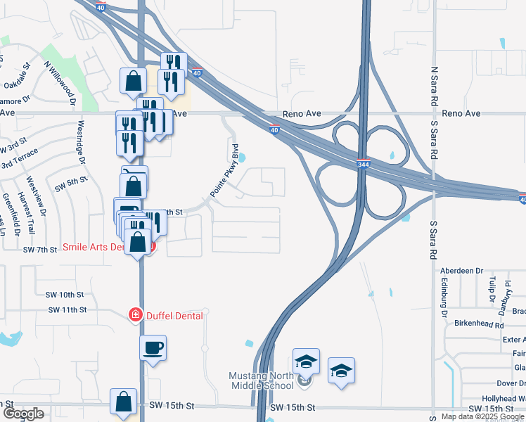 map of restaurants, bars, coffee shops, grocery stores, and more near 11023 Southwest 5th Street in Yukon
