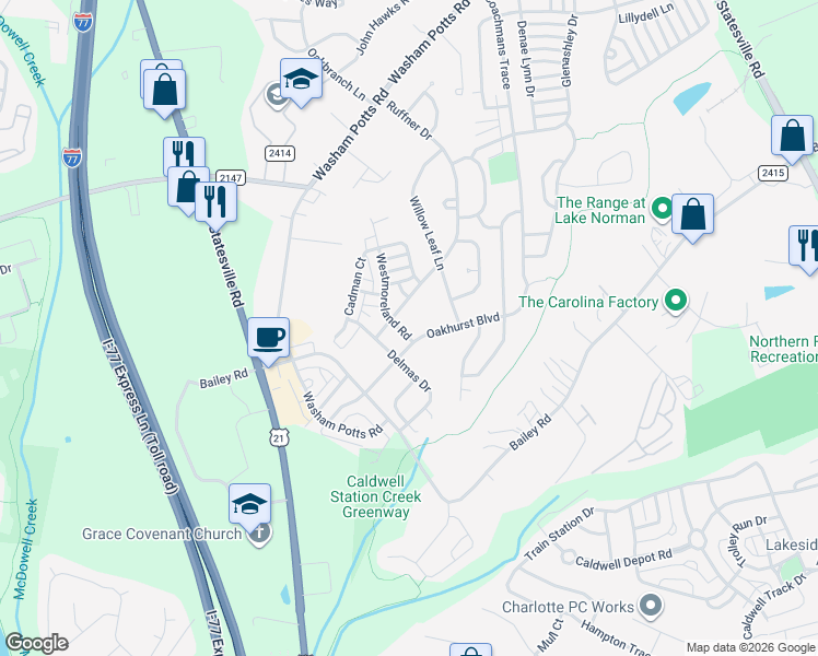 map of restaurants, bars, coffee shops, grocery stores, and more near 18801 Oakhurst Boulevard in Cornelius