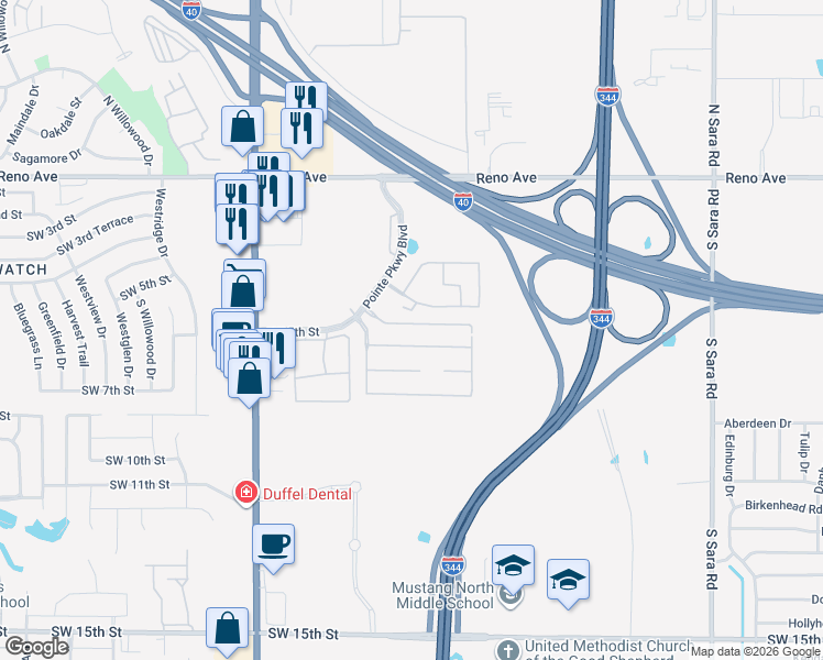 map of restaurants, bars, coffee shops, grocery stores, and more near 11114 Southwest 5th Street in Yukon