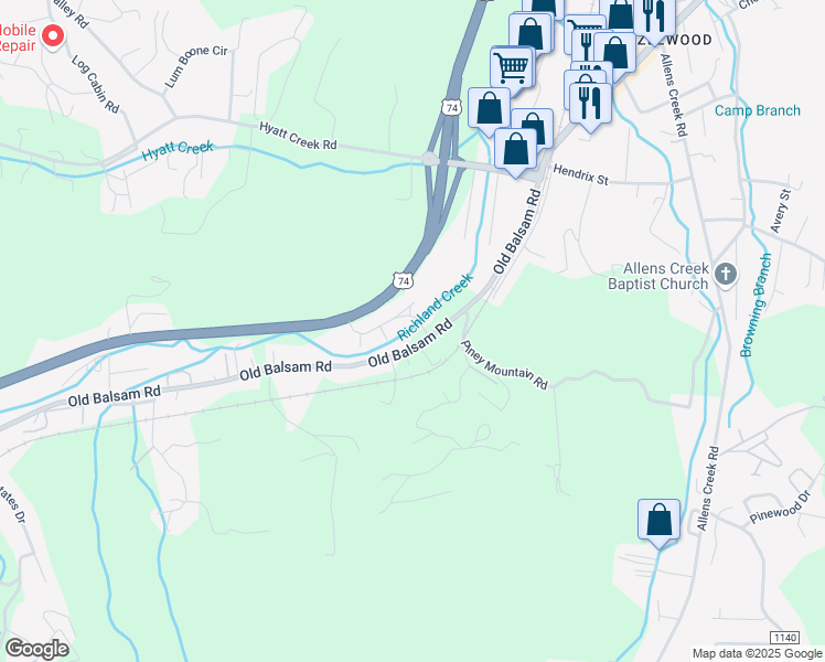 map of restaurants, bars, coffee shops, grocery stores, and more near 17 Wilkinson Pass Lane in Waynesville