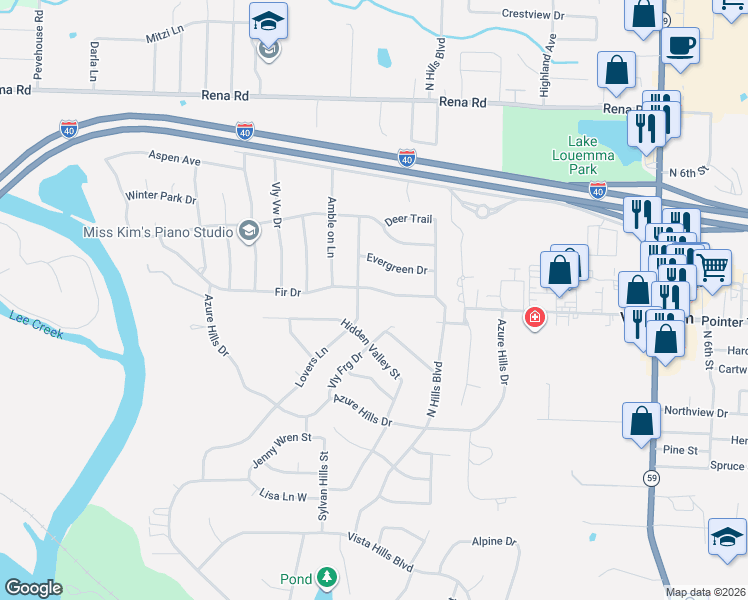 map of restaurants, bars, coffee shops, grocery stores, and more near 512 Fir Drive in Van Buren