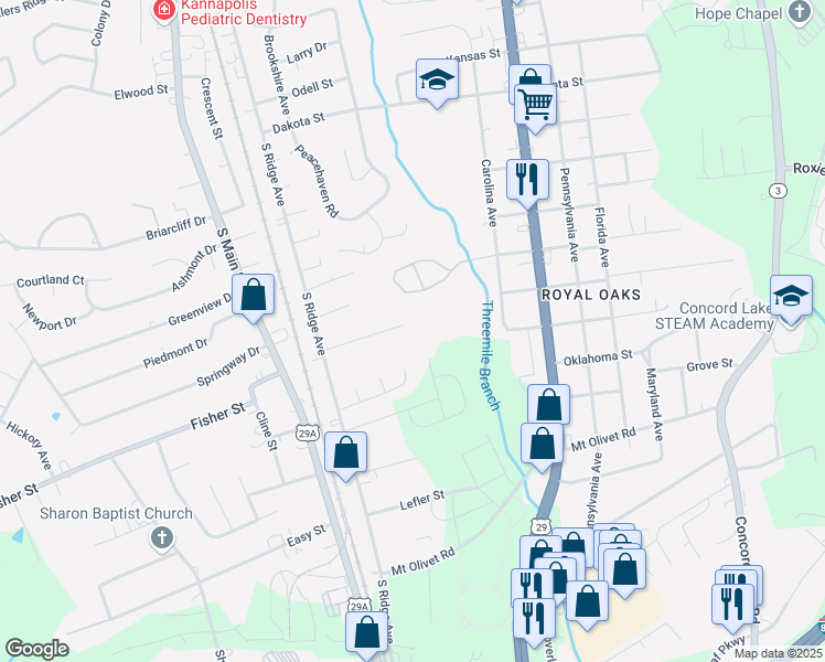 map of restaurants, bars, coffee shops, grocery stores, and more near 2701 South Ridge Avenue in Concord