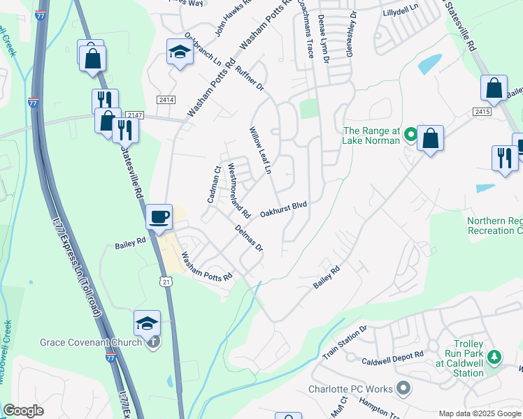 map of restaurants, bars, coffee shops, grocery stores, and more near 18801 Oakhurst Boulevard in Cornelius