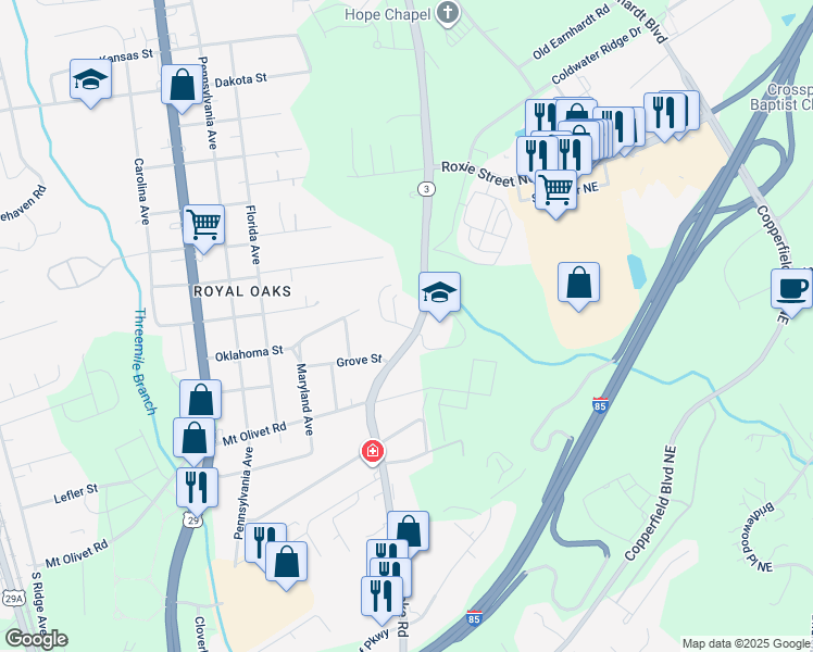 map of restaurants, bars, coffee shops, grocery stores, and more near 2660 White Oak Lane in Kannapolis