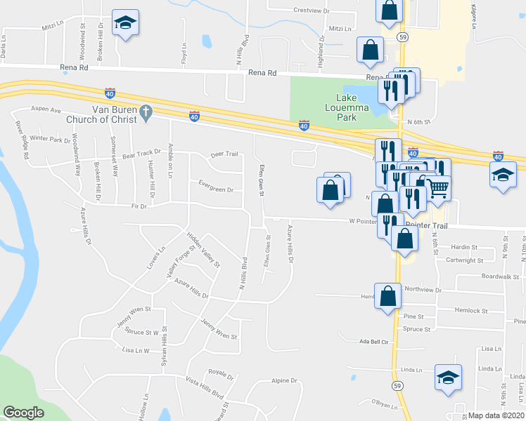 map of restaurants, bars, coffee shops, grocery stores, and more near 1620 Elfen Glen Street in Van Buren