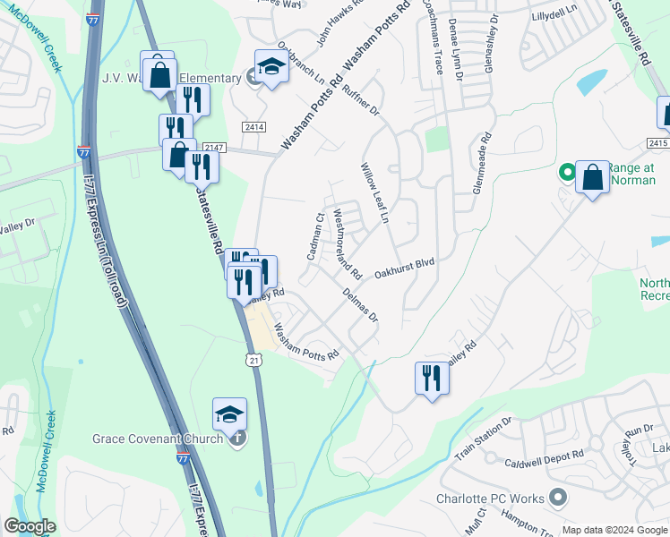 map of restaurants, bars, coffee shops, grocery stores, and more near 18605 Ruffner Drive in Cornelius