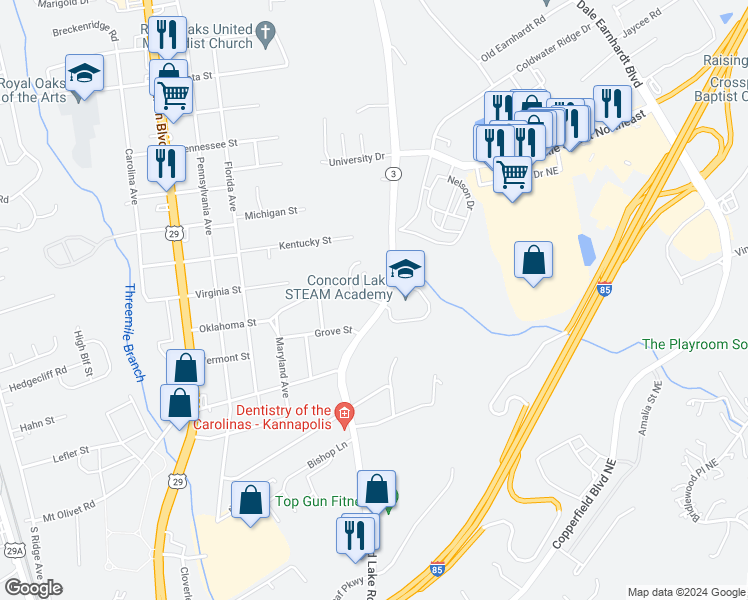 map of restaurants, bars, coffee shops, grocery stores, and more near 2664 White Oak Lane in Kannapolis