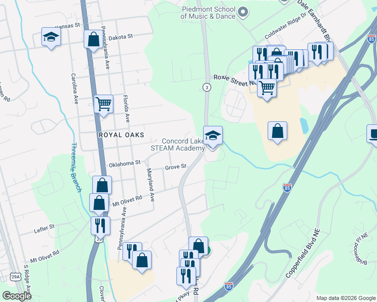 map of restaurants, bars, coffee shops, grocery stores, and more near 2637 White Oak Lane in Kannapolis