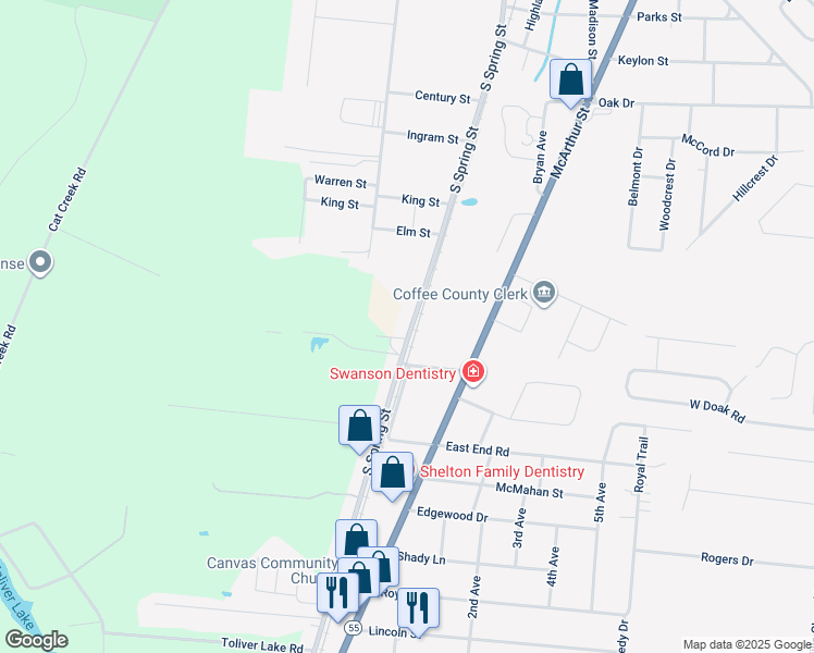 map of restaurants, bars, coffee shops, grocery stores, and more near 1600 Old Tullahoma Highway in Manchester