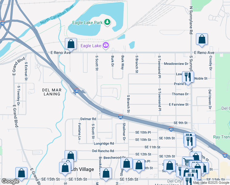 map of restaurants, bars, coffee shops, grocery stores, and more near 3501 Wellington Way in Del City