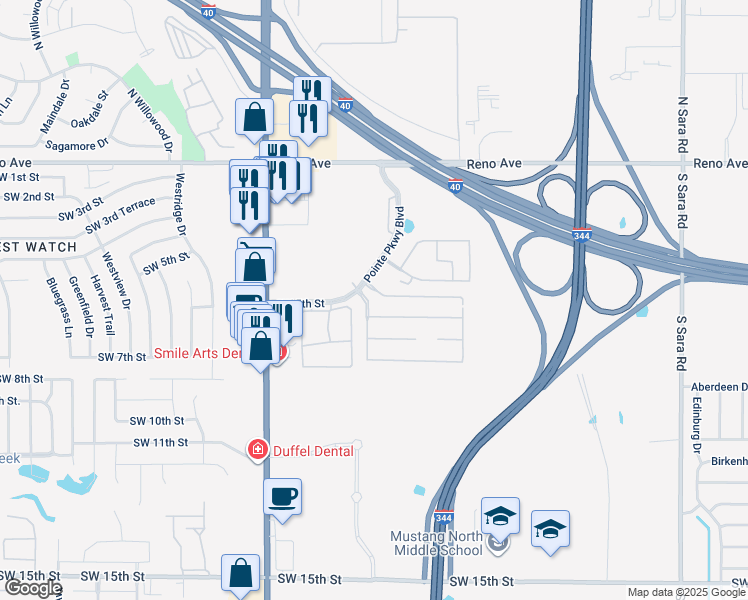 map of restaurants, bars, coffee shops, grocery stores, and more near 11150 Southwest 5th Street in Yukon