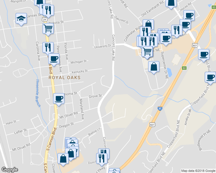 map of restaurants, bars, coffee shops, grocery stores, and more near 2668 White Oak Lane in Kannapolis