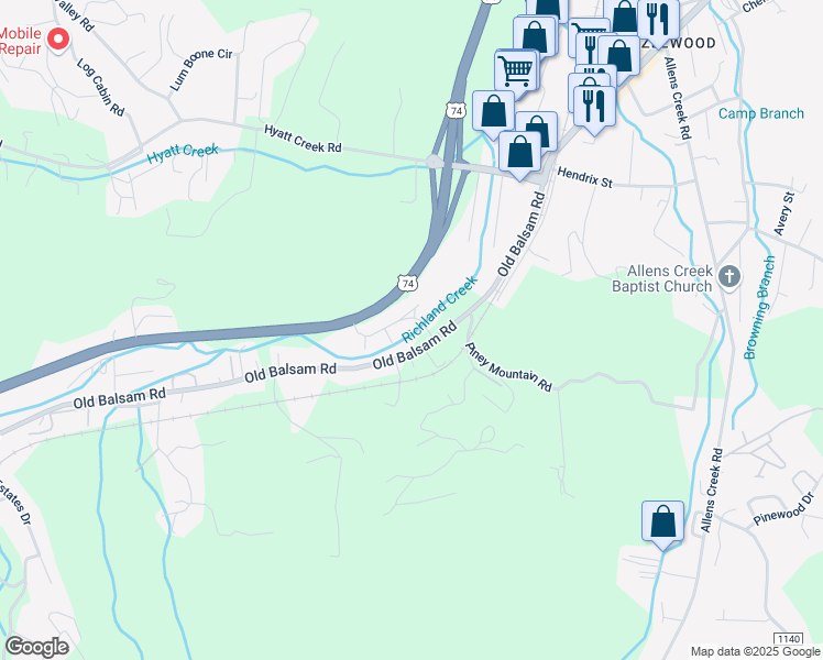 map of restaurants, bars, coffee shops, grocery stores, and more near 17 Wilkinson Pass Lane in Waynesville