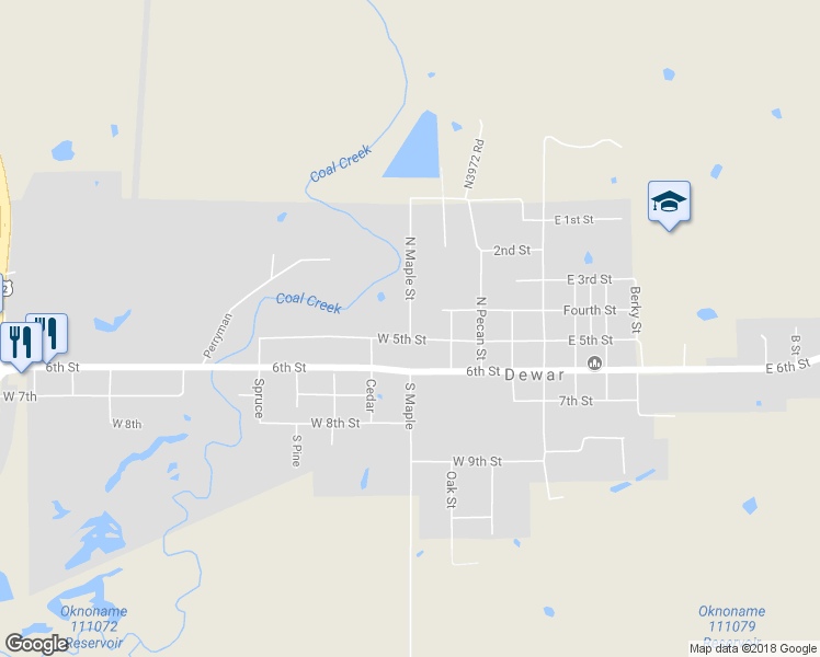 map of restaurants, bars, coffee shops, grocery stores, and more near 208 North Maple Street in Dewar