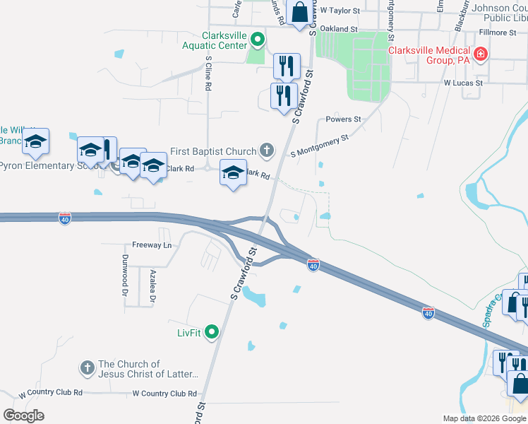 map of restaurants, bars, coffee shops, grocery stores, and more near 1050 South Crawford Street in Clarksville
