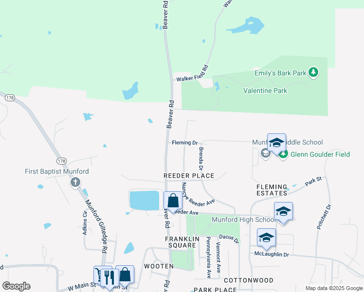 map of restaurants, bars, coffee shops, grocery stores, and more near 131 Nancye Reeder Drive in Munford