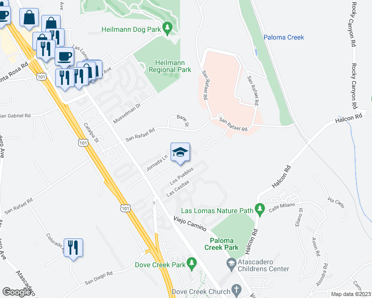 map of restaurants, bars, coffee shops, grocery stores, and more near 801 Buena Fortuna Circle in Atascadero