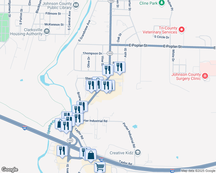 map of restaurants, bars, coffee shops, grocery stores, and more near 1107 South Rogers Street in Clarksville