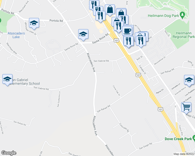map of restaurants, bars, coffee shops, grocery stores, and more near 10105 Atascadero Avenue in Atascadero