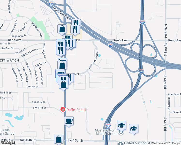 map of restaurants, bars, coffee shops, grocery stores, and more near 11144 Southwest 5th Street in Yukon