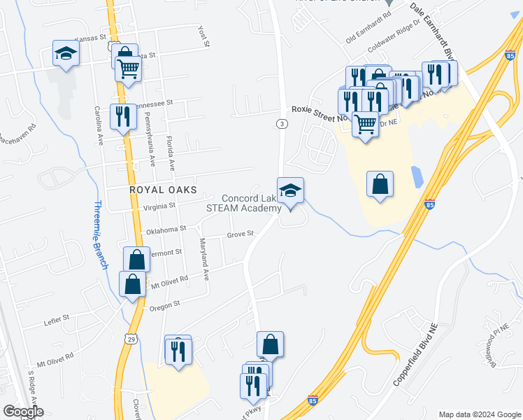 map of restaurants, bars, coffee shops, grocery stores, and more near White Oak Lane in Kannapolis