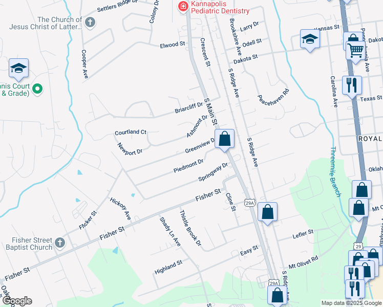 map of restaurants, bars, coffee shops, grocery stores, and more near 115 Greenview Drive in Kannapolis