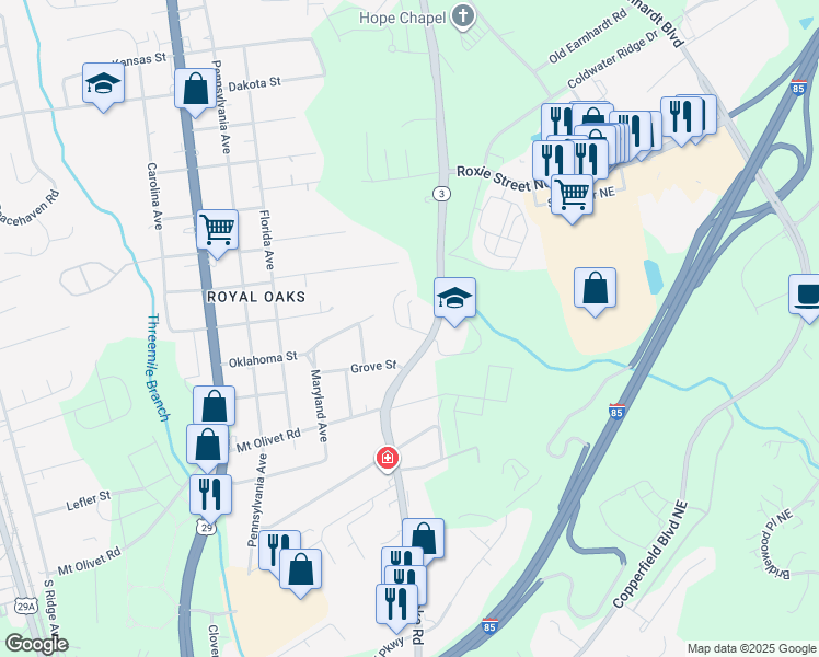 map of restaurants, bars, coffee shops, grocery stores, and more near 2732 White Oak Lane in Kannapolis