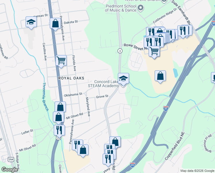 map of restaurants, bars, coffee shops, grocery stores, and more near 2637 White Oak Lane in Kannapolis
