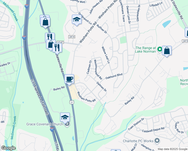 map of restaurants, bars, coffee shops, grocery stores, and more near 18711 Ruffner Drive in Cornelius